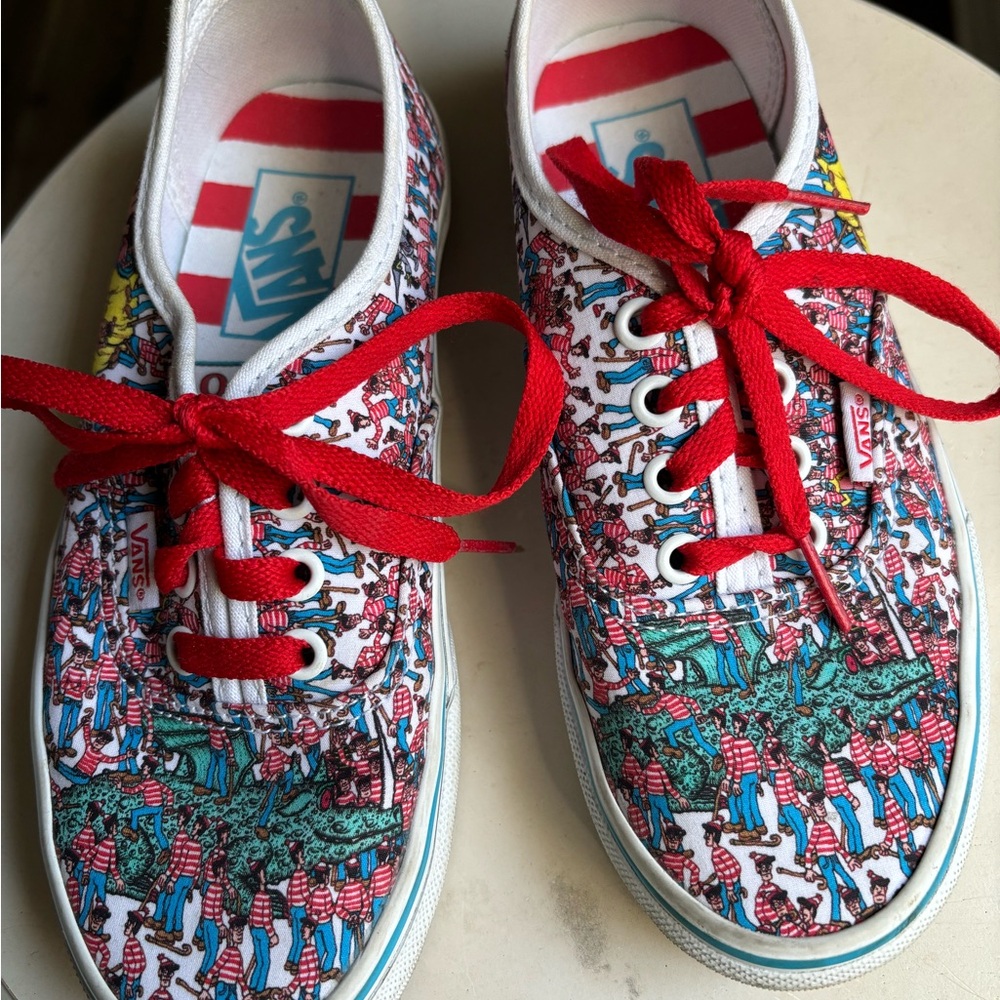 Vans Red and White Sneakers with Where’s Waldo Pattern
